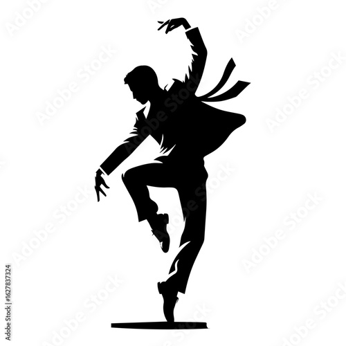 Black and white vector silhouette of a dancing artist on white background