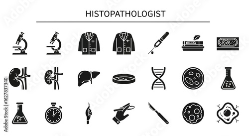 Histopathologist Black Icons: Tissue Diagnosis & Pathology Lab Line Art Set