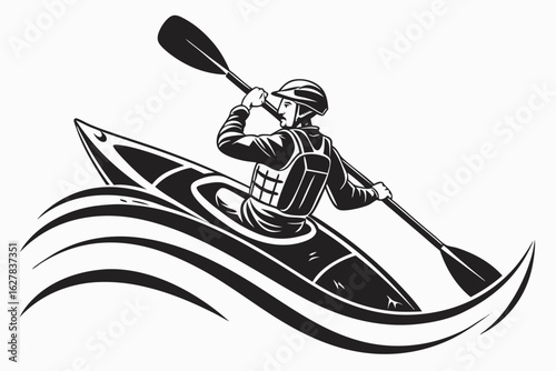 Kayaking adventure sport emblem with a paddler on a river wave, a dynamic vector illustration