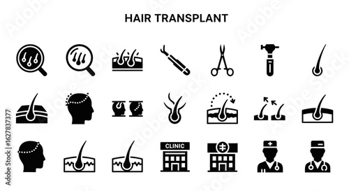 Hair Transplant Black Icons: Hair Restoration & Aesthetic Surgery Line Art Set