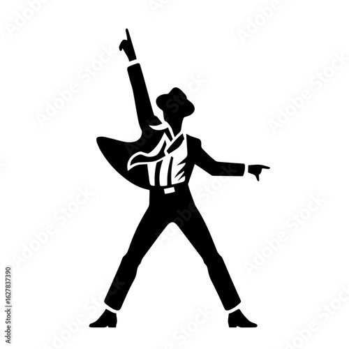 Black and white vector silhouette of a dancing artist on white background