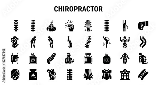 Chiropractor Black Icons: Spinal Health & Wellness Line Art Set
