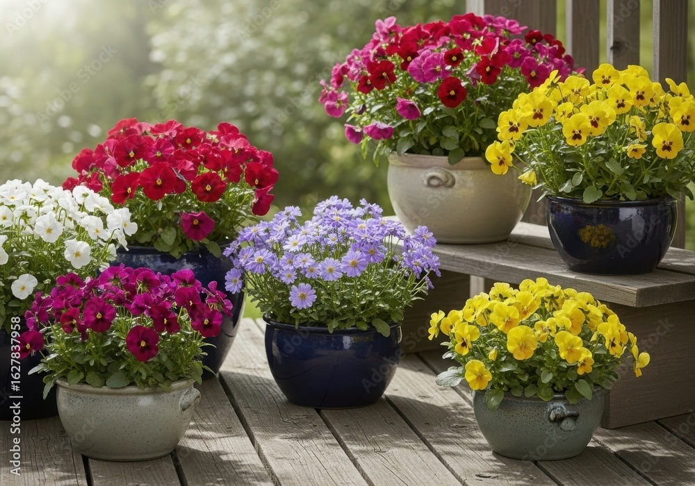 A vibrant display of colorful pansies in pots adorns an outdoor deck A vibrant display of colorful pansies in pots adorns an outdoor deck