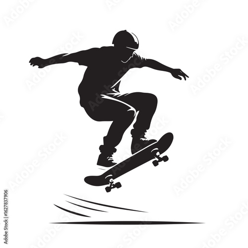 Bold black silhouette of a skateboarder mid-air with motion lines, ideal for sports, urban, or youth designs.