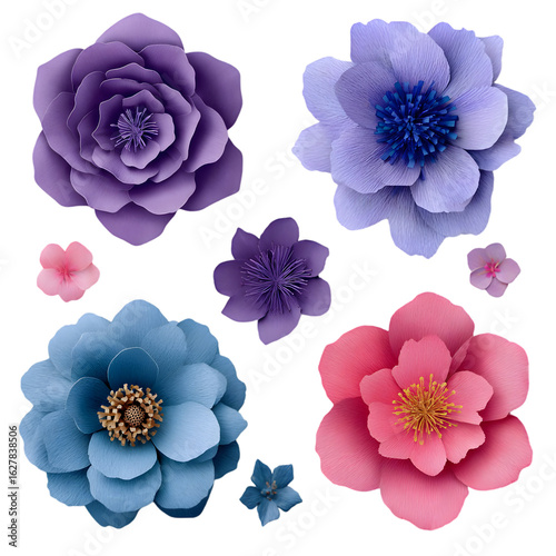 A collection of colorful paper flowers in various sizes against a black background arrangement design on transparent background