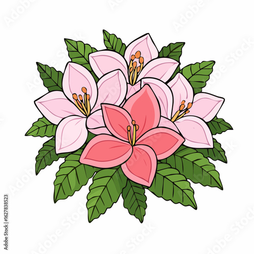 Elegant floral arrangement featuring delicate pink and red blossoms with lush green leaves