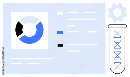 Pie chart with color-coded segments, DNA strand in test tube, data text lines, gear element. Ideal for science, genetics, research, analytics, biotechnology data visualization laboratory themes