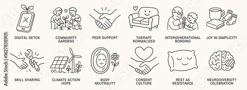 Wellness and connection doodle icon set. Cute illustrations of digital detox, community gardening, peer support, rest, therapy couch, renewable energy.