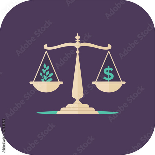 Ethical business concept with a justice scale weighing environmental protection against financial profit. Sustainable economy and green investment illustration.