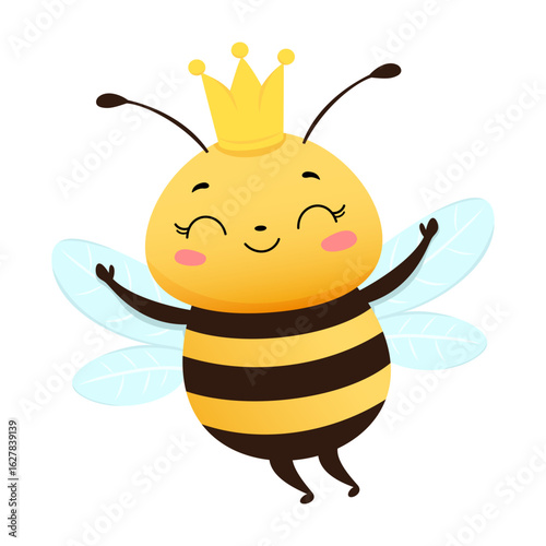 Cheerful queen bee with crown and blue wings smiling happily, colorful flat style, royalty and happiness