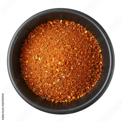 Close-up view of a bowl filled with vibrant red chili powder, showcasing its texture and color