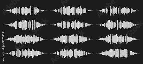 Audio wave tune print, voice message, podcast audio recording. Vector audio player soundwave visualization or voice message sound wave. Podcast audio streaming. Music, sound concept.
