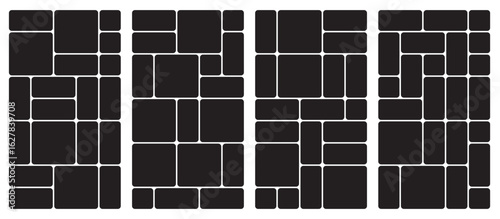 Bento grid vector vertical layouts. Geometric tiles pattern for photo collage, website layout, etc. Trendy tiling frames arrangements and presentation templates for social media.