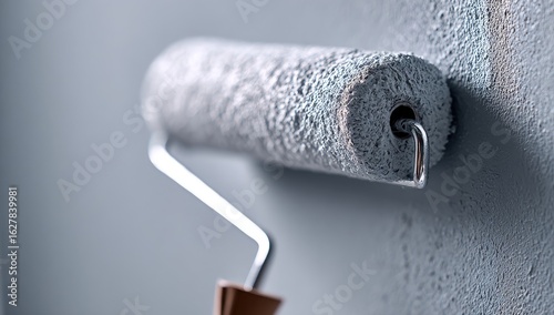 Close-up of a paint roller resting on a wall