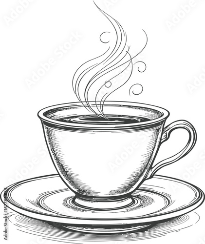 Vector Illustration of a Steaming Teacup on Saucer in Black Outline Style with Elegant Swirls for Café, Relaxation or Design Use