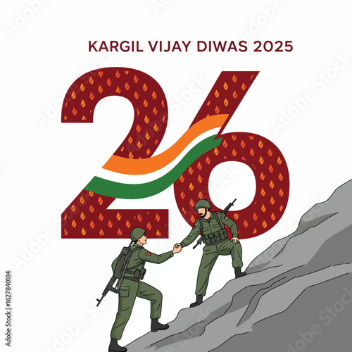 Kargil Vijay Diwas 2025 illustration, soldiers helping each other climb a mountain, with Indian flag elements.