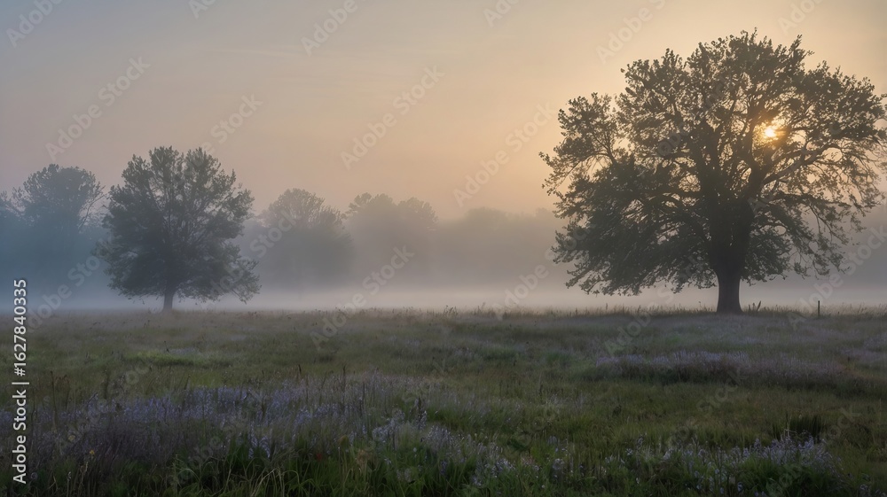 Tranquil Dawn Scene with Mist and Gentle Light Tranquil Dawn Scene with Mist and Gentle Light