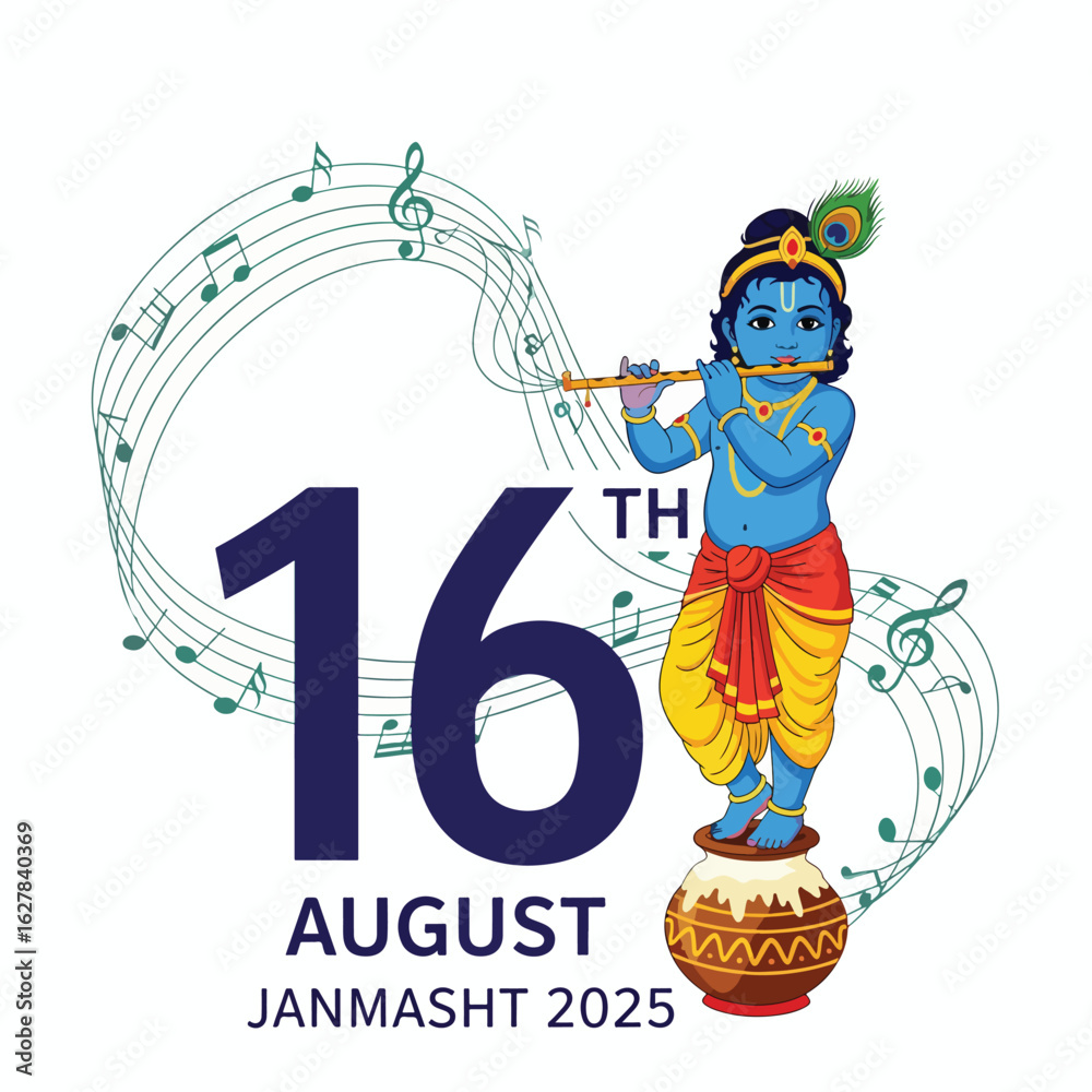 Fototapeta premium Krishna playing flute on Janmashtami 2025, 16th August.