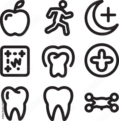A comprehensive collection of line icons representing health and wellness concepts like fitness, nutrition, sleep, and dental care.