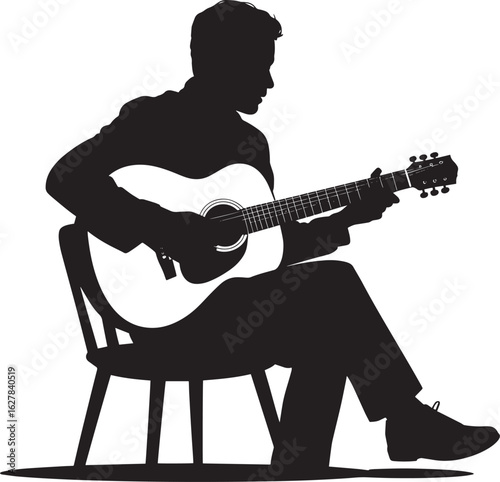 Silhouette of a Guitarist Sitting on Chair Playing Acoustic Instrument in Spotlight Illustration