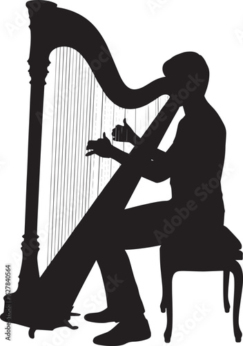 Silhouette of a Harpist Playing a Concert Harp, Capturing the Elegance of Classical Instrument