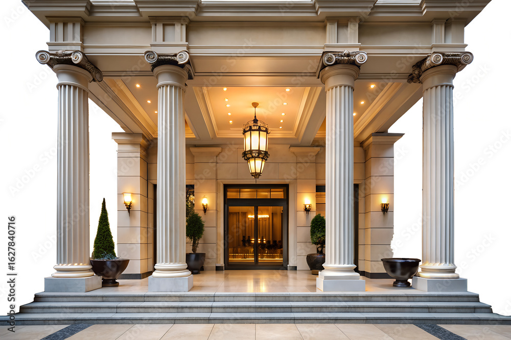 Obraz premium Entrance with classical columns and a hanging lantern illuminating the doorway of a building
