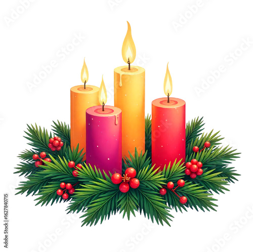 Advent wreath made of fir branches with four candles inside, Christmas decor