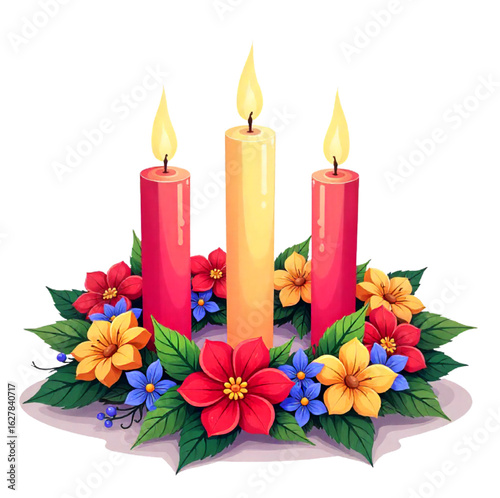 Christmas wreath made of fir branches with candles inside, Christmas decor