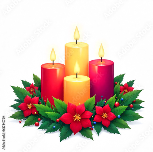 Advent wreath made of fir branches with four candles inside, Christmas decor