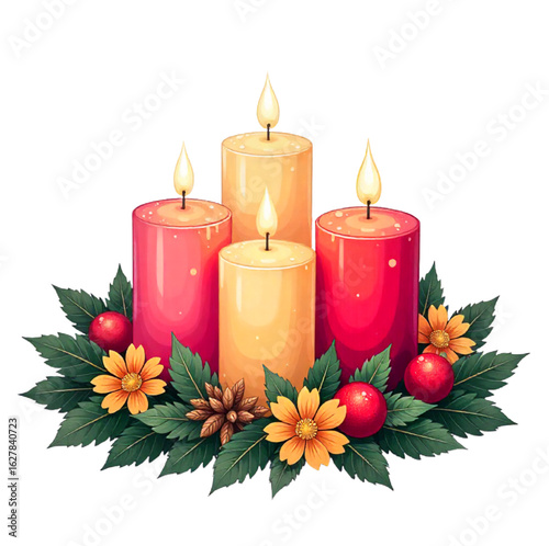 Advent wreath made of fir branches with four candles inside, Christmas decor