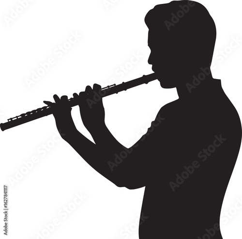 Silhouette of a Man Playing the Flute Against a Transparent Background for Stock Illustration