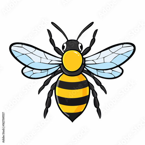Detailed cartoon illustration of a bee against a plain white background showcasing its anatomy