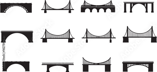 Set of Twelve Black Bridge Silhouettes Showcasing Diverse Architectural Styles on White icon architecture