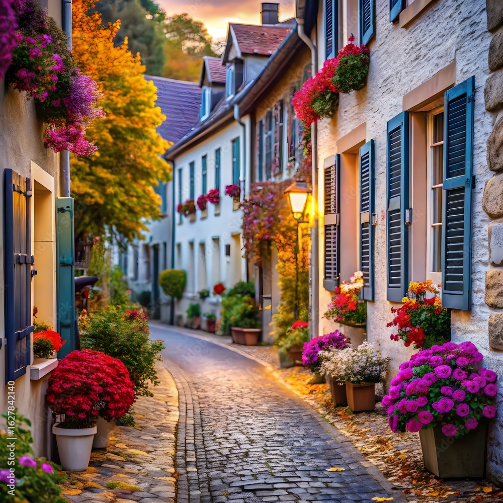 Fototapeta premium Charming European Village Street with Colorful Flowers and Autumn Foliage
