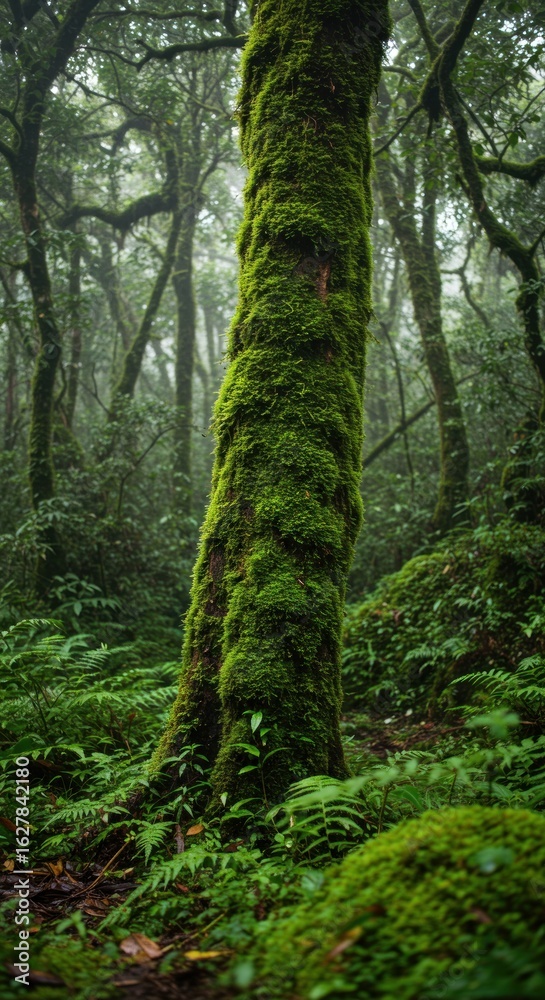 Obraz premium Lush mossy tree in misty forest