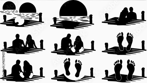 Silhouetted couples on docks at sunset with feet and water reflections in a black and white composition