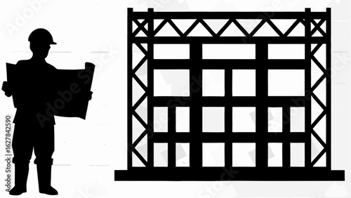 Silhouette of a construction worker holding a blueprint next to a structural framework on a site plan