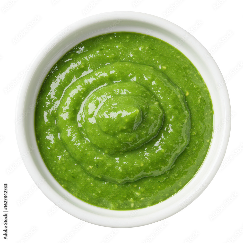 Obraz premium Fresh green pesto sauce in a white bowl, ready for culinary use, with a smooth texture (1)