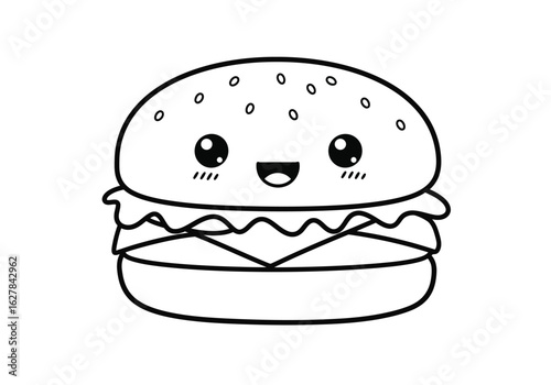 Kawaii burger drawing. It is a black and white outline drawing of an adorable, happy cartoon burger with large eyes and a smile, depicting a cute fast food character. Vector sketch line art draw.