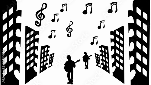 Silhouette of guitar players in a city street with musical notes floating above the buildings and people