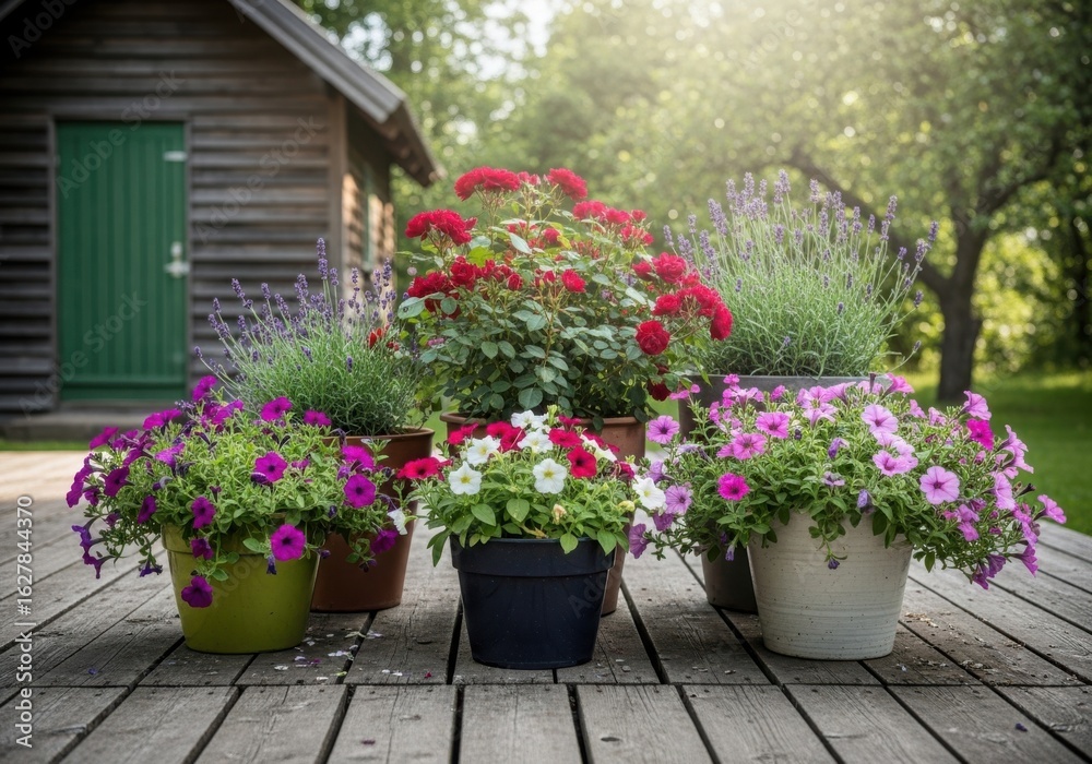 Obraz premium A colorful array of potted flowers adorns a rustic wooden table in the garden