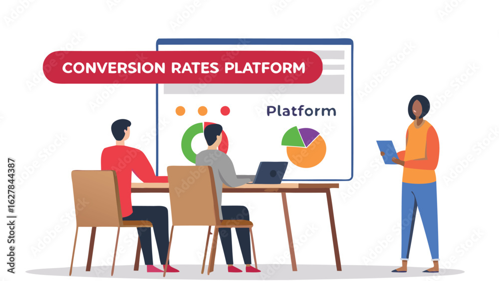 Obraz premium Illustration showing a business meeting with charts and graphs on a platform presentation board setup