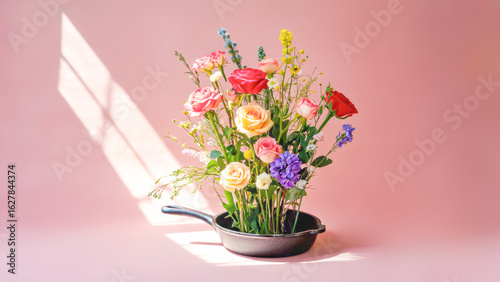 Wallpaper Mural Colorful Spring Flowers Arranged In Black Frying Pan Against Soft Pink Background. Concept Of Creative Floral Design, Modern Home Décor Trends, Sustainable Styling, And Artistic Visual Inspiration Torontodigital.ca