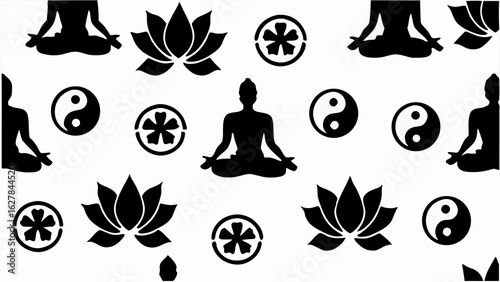 Black and white yoga themed pattern featuring lotus flowers yin yang symbols and meditating figures design art silhouette
