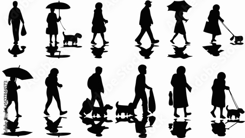 Silhouettes of people walking with dogs and umbrellas reflecting on a wet surface creating a rainy day scene