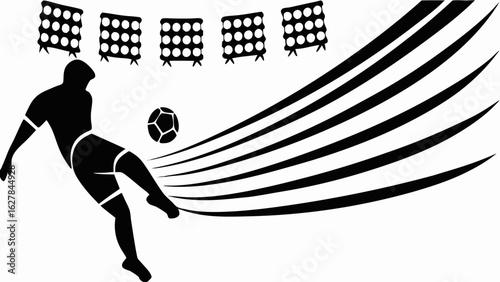 Silhouette of soccer player kicking ball under stadium lights with motion lines emanating from ball