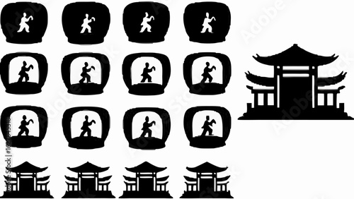 Silhouetted figures performing martial arts in pots and pagodas in a repeating pattern illustration