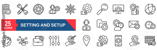 Settings and setup set of web icons in line style. Setup icons for web and mobile app. Settings, installation, maintenance, update, download, configuration, options, control. Vector illustration