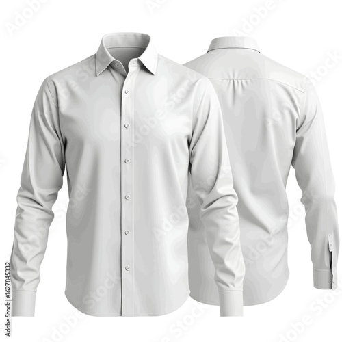 Blank white long-sleeve dress shirt mockup for business attire. Front and back view template isolated on white background.