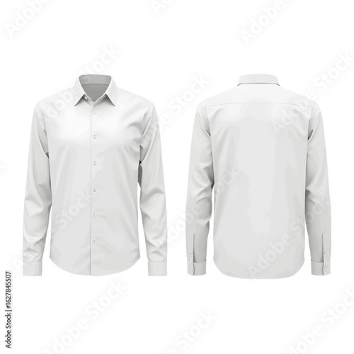 White long-sleeved dress shirt mockup, front and back view isolated on a white background. Classic formal business attire template.